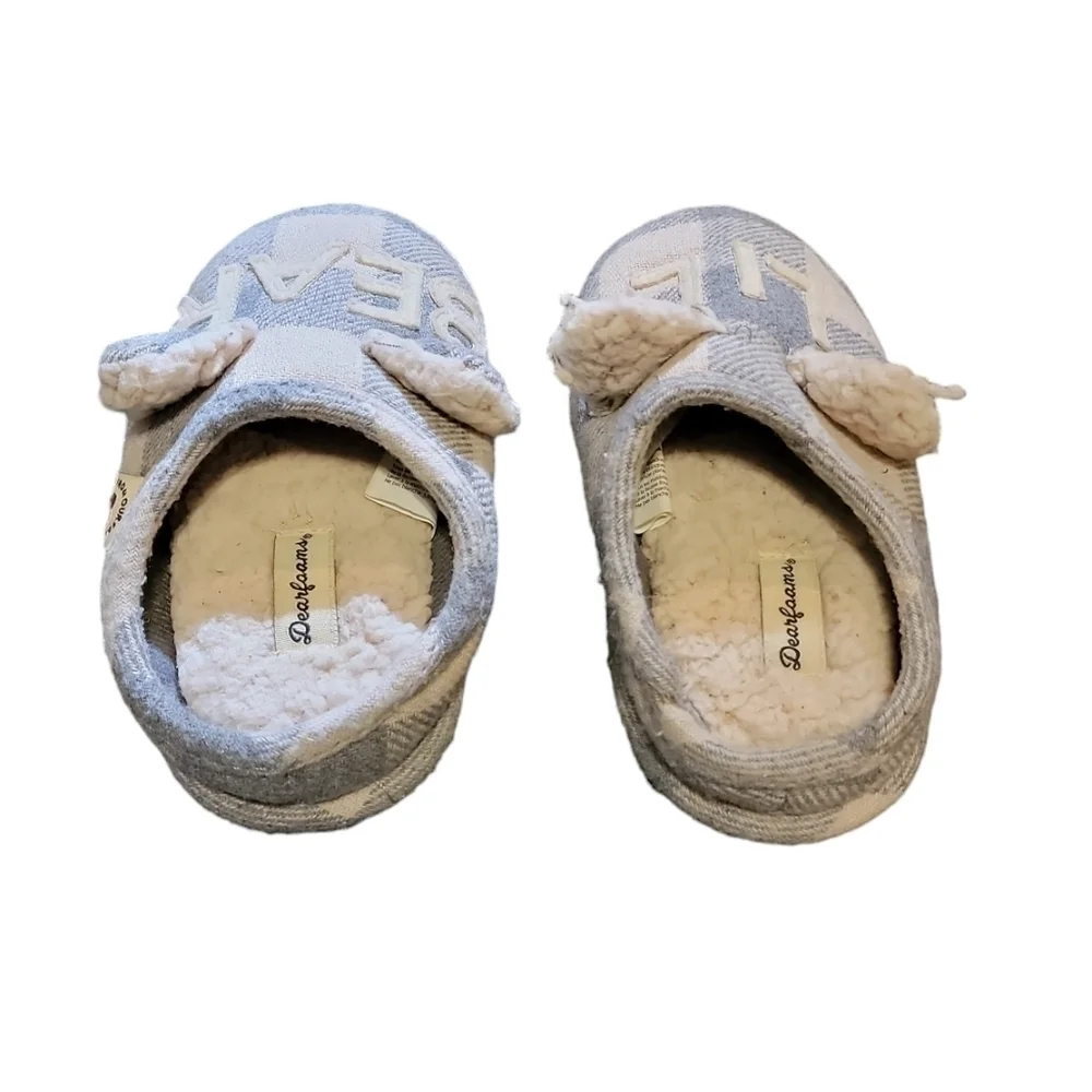 Lil Bear house shoes size 9-10 plaid gray & white Dearfoams super cute NWT